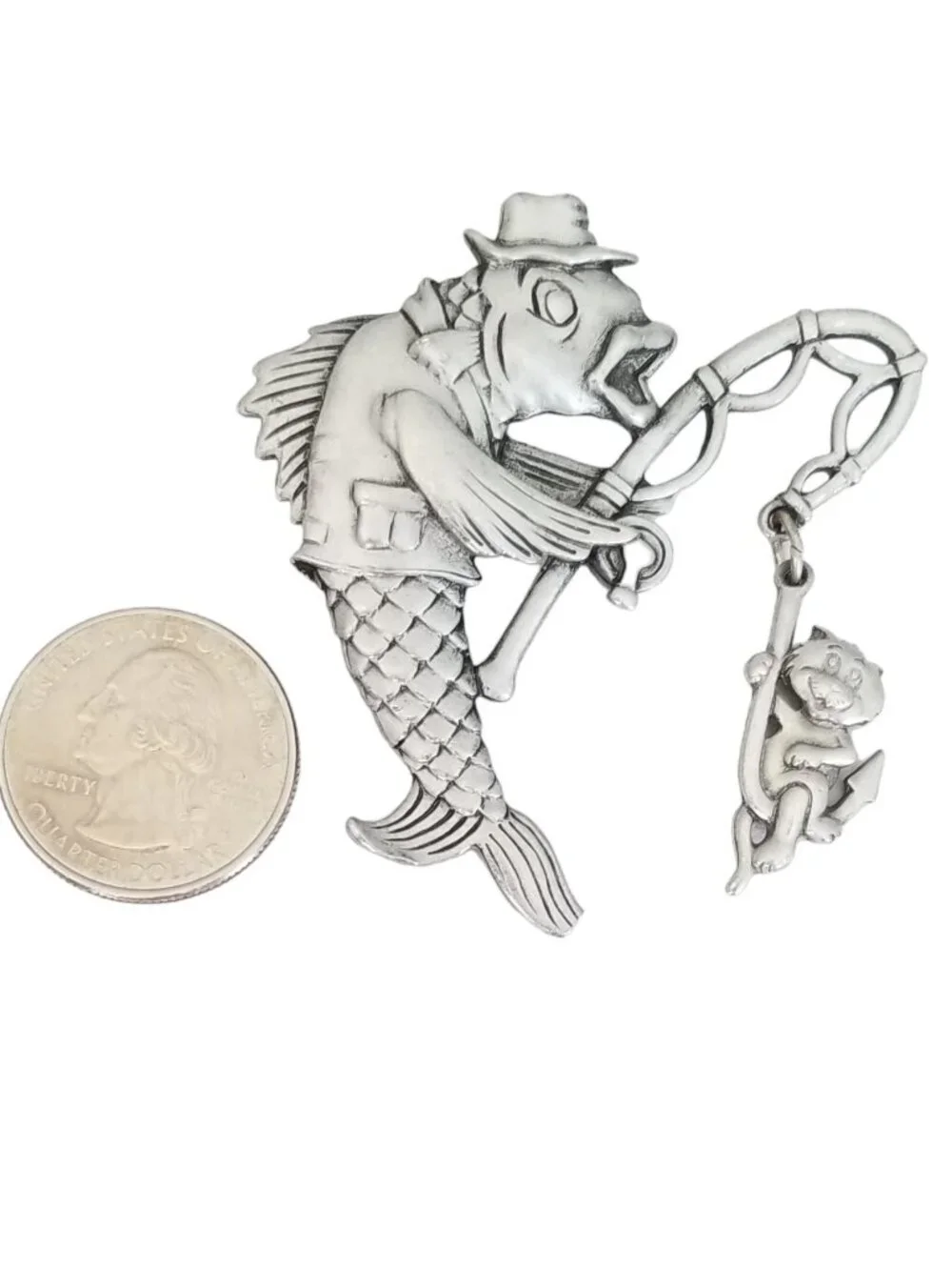 JJ Jonette Pewter Fish With Rod Catching Cat, Signed M164